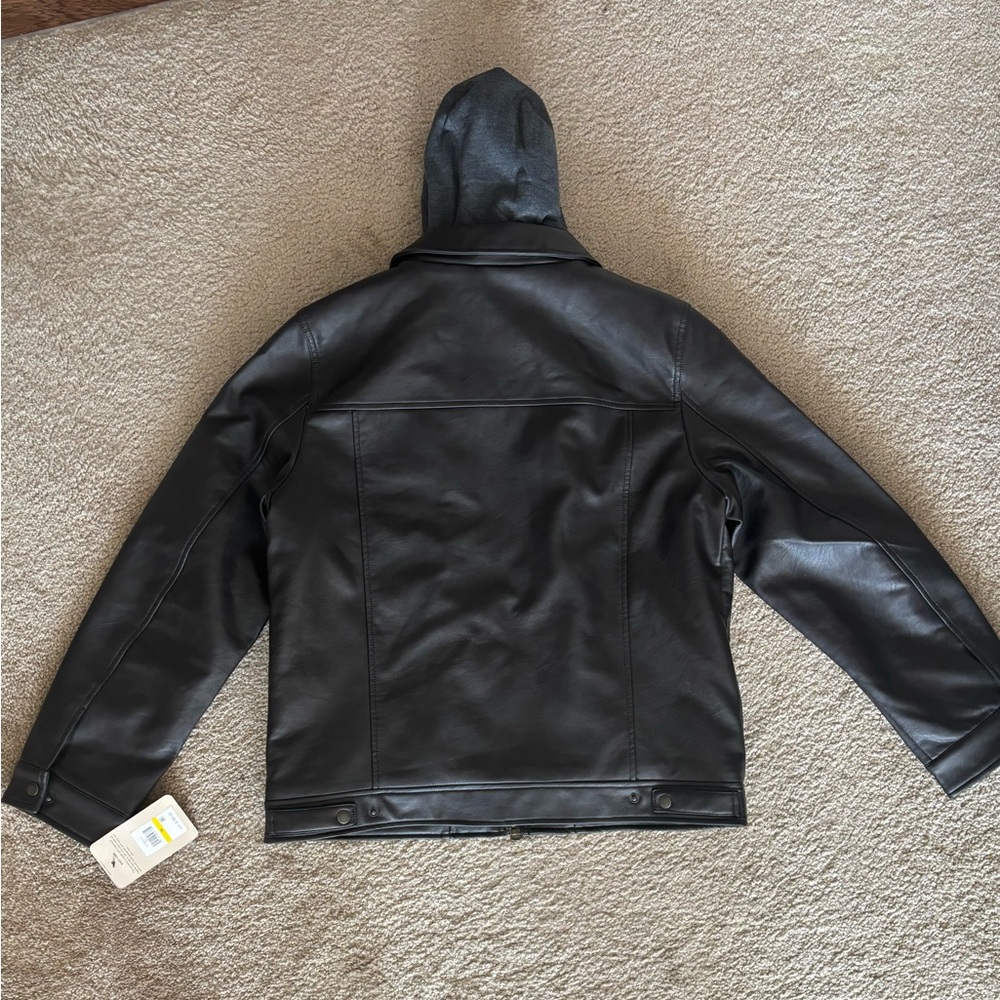 Levi's Faux-Leather Trucker with Jersey Hood & Fleece Lining Dark Brown Mens M - Picture 6 of 8